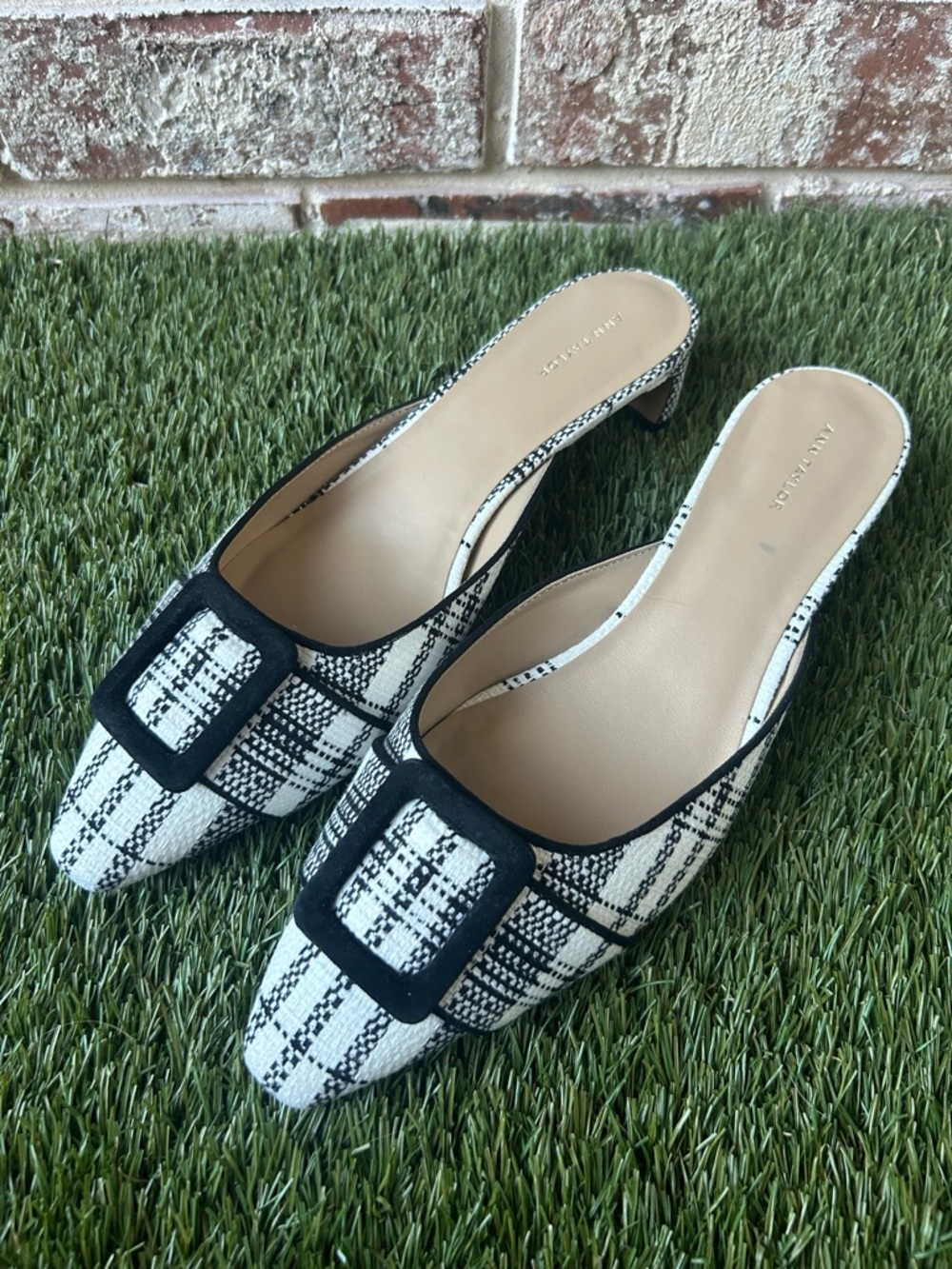 Ann Taylor Black & White Plaid Pointed-Toe Mules with Buckle